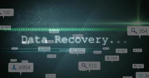 Glitchy Data Recovery text animating in cybersecurity interface, with segmented Illustrazione stock