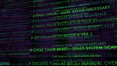 Glitchy digital interface with scrolling error logs and system commands on Stock Footage 289114048