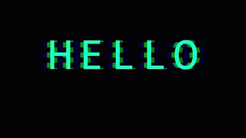 Glitchy hello text effect with digital distortion in dark background cinema.. Video stock 343417524