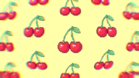 Glitchy pixel art cherries pulse with chromatic distortion on pastel yellow Stock Footage 344089128