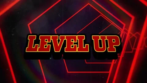 Glitchy teal waveform pulsing triggers morphing into 3D LEVEL UP signaling Video stock 330256165
