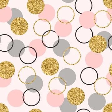 Glitter circle seamless pattern. Golden circles with sparkles and star dust.  Illustrazione stock