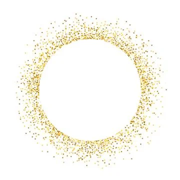 Glitter circle on white backdrop. Luxury frame with gold confetti. Shining round Stock Illustration