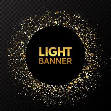 Glitter gold circle frame with space for text. Sparkling golden banner on bla Stock Illustration