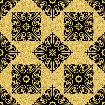 Glitter gold seamless arabesque pattern, shimmer black gold background for te 스톡 일러스트