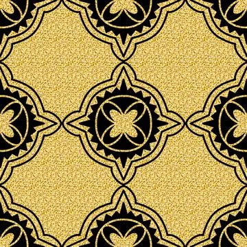 Glitter gold seamless arabesque pattern, shimmer shining arabic black gold ba Illustrazione stock