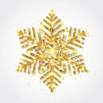 Glitter gold snowflake on white background. Glowing golden snowflakes with gl Stock Illustration