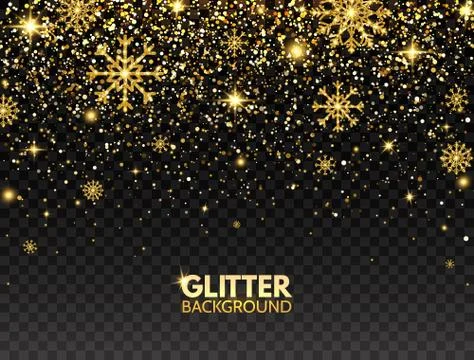 Glitter particles and snowflakes falling on transparent background. Gold glit Stock Illustration