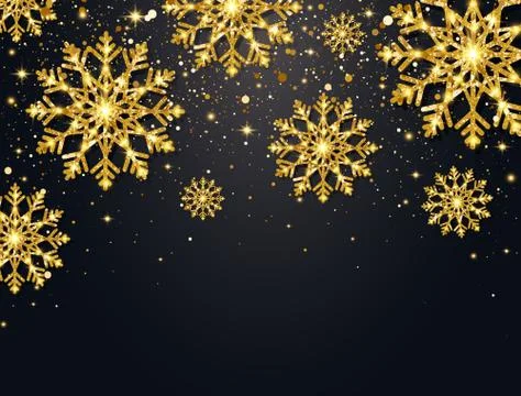 Glitter snowflakes with falling particles on dark background. Shining gold sn Stock Illustration