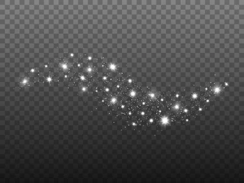 Glitter wave on transparent backdrop. Silver light with shining stars. Sparkl Stock Illustration