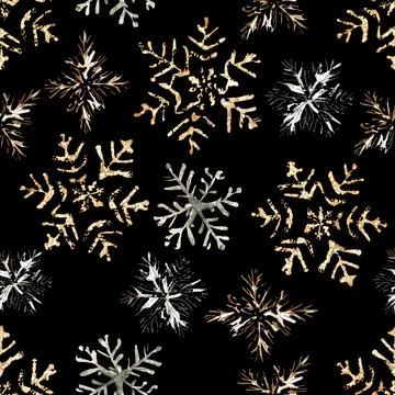Glittered seamless pattern with gold snowflakes on a black background Stock Illustration