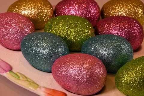 Glittering Easter Eggs on a Dish Stock Photos