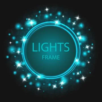 Glittering frame blue background, glowing stars and blurred lights Illustrazione stock
