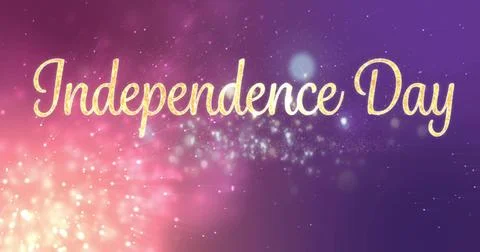Glittering gold cursive text 'Independence Day' floating across gradient banner, Stock Illustration
