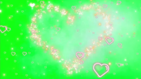 Glittering heart shapes float on green background with sparkles Video stock 338222157