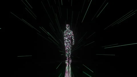 Glittering human figure materializing from abstract particles and walking Stock Footage 322006521