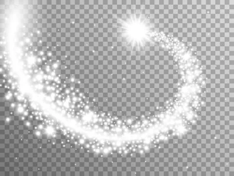Glittering star on transparent backdrop. Silver swirl trail with bright elements Stock Illustration