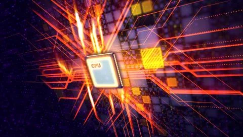 A glittery 3d illustration of a square CPU tablet sparkling with straight and Stock Illustration