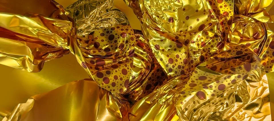 A glittery candy wrapper background. Gold wrappers with a polka dot pattern. Stock Photos