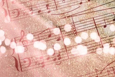 Glittery sheet with music notes as background, closeup. Bokeh and color ton.. Stock Photos