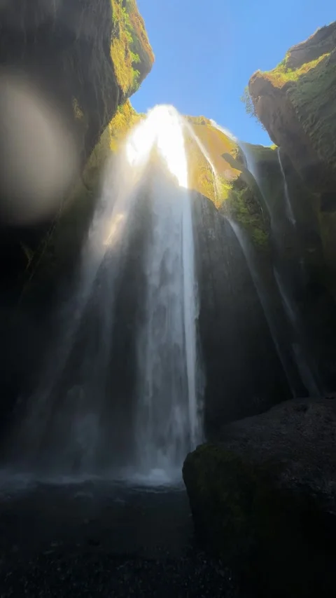 Gljufrabui waterfall hidden inside a canyon, viewed from inside the gorge, South Video stock 331559951