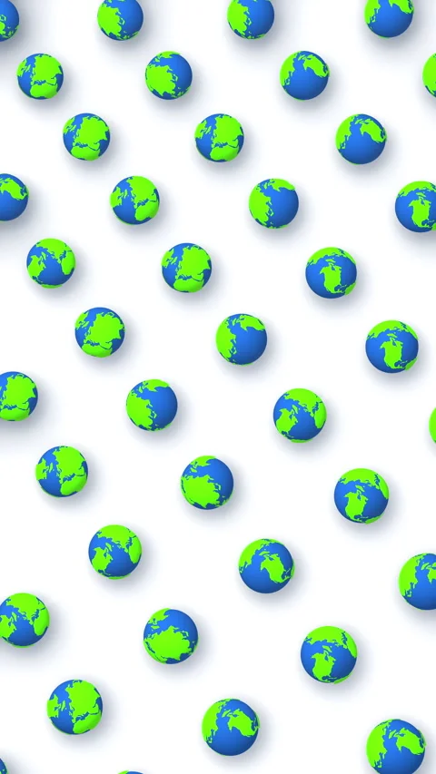 Global 3d animation of grid of sphere shapes with Earth map in isometric view. 스톡 동영상 330075052