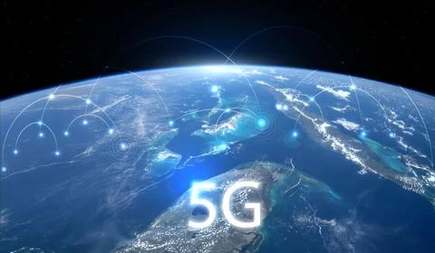 Global 5G network wireless systems and internet technology concept. smart c.. Illustrazione stock