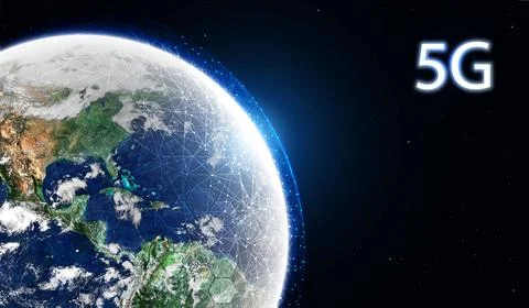 Global 5G network wireless systems and internet technology concept. smart c.. Illustrazione stock