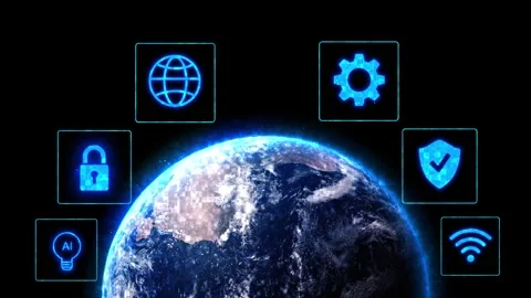 Global AI Network with Cyber Security and Cloud Technology Icons Stock Footage 341378036