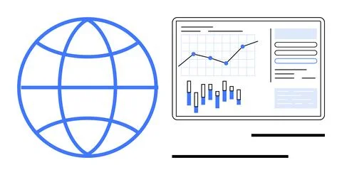 Global Analytics with Data Dashboard Representation Including Graphs and Char Illustrazione stock