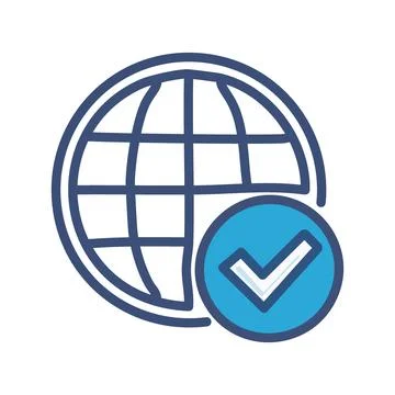Global approval. Globe with check mark, indicating worldwide acceptance, ap.. Stock Illustration