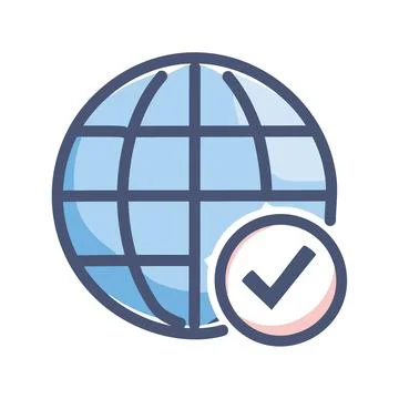 Global approval. Globe icon with a checkmark, symbolizing global acceptance.. Stock Illustration