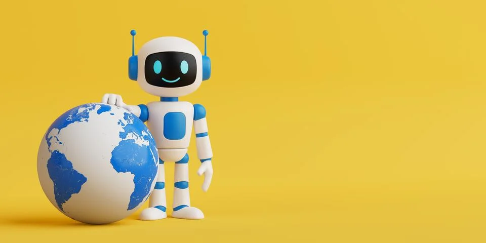 Global Artificial Intelligence Concept. Friendly AI Robot Standing With Ear.. Stock Illustration