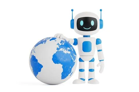 Global Artificial Intelligence Concept. Friendly AI Robot Standing With Ear.. 库存插图