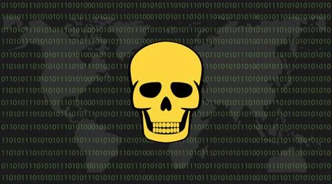 Global attack ransomware skull with binary code background and world map Stock Illustration