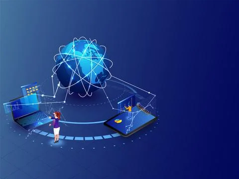 Global Augmented Reality concept, website template design, miniature people.. Stock Illustration