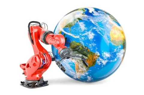 Global Automation Technologies concept. Robotic arm with Earth Globe. 3D r... Stock Photos