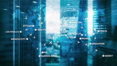 Global Aviation Abstract Background with planes and city names on a map Fotos Stock