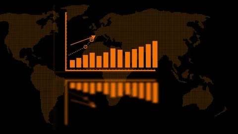 Global bar graph in orange with reflected map on dark backdrop illustrating.. 動画素材 321583462