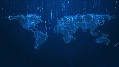 Global binary network map background with blue world outlines, falling code colu Stock Footage 340552530