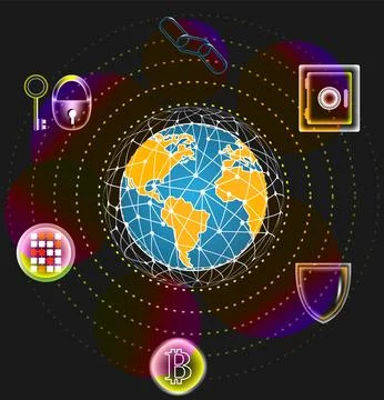 Global bitcoin crypto currency block chain tech Illustrazione stock