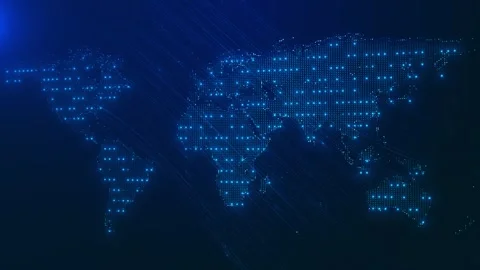 Global blue data map visual with dotted continents, flowing trail lines, and dee Stock Footage 340551667