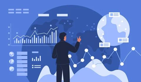 Global business analytics dashboard. Data visualization, financial charts, kpi Stock Illustration