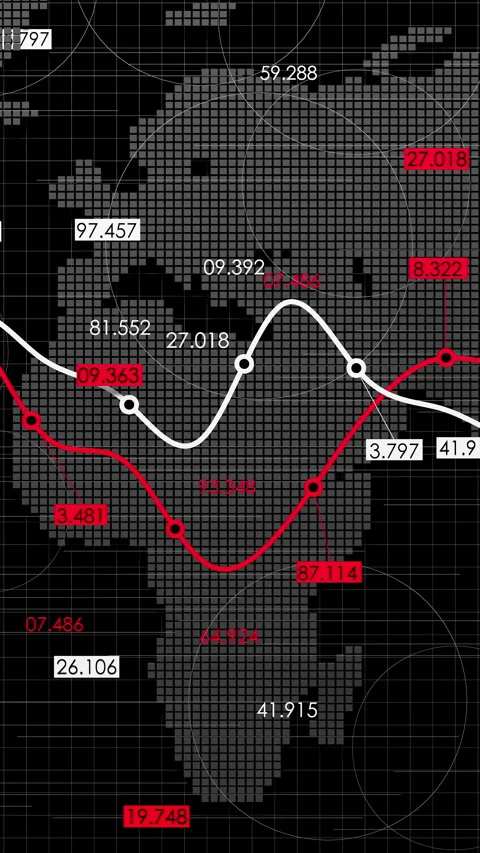 Global business analytics with fluctuating red and white 3D charts. Stock-Footage 348019796