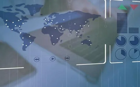 Global business analytics with world map and financial data graphs Stock Photos