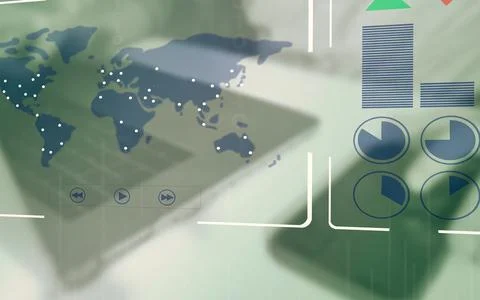 Global business analytics with world map and financial charts overlaid on l.. Stock Photos