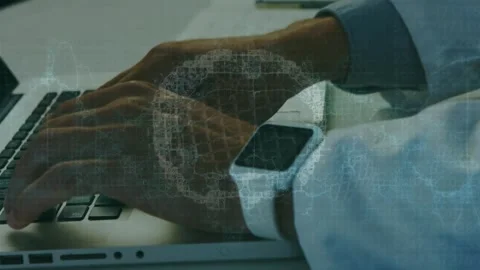 Global business and tech concept shown through animated globe and computer Stock Footage 327273199