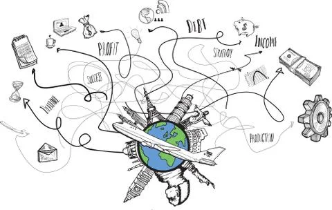 Global business and travel doodles Stock Illustration