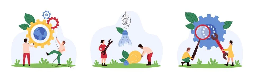 Global business changes, process analysis and optimization set, tiny people move Stock Illustration