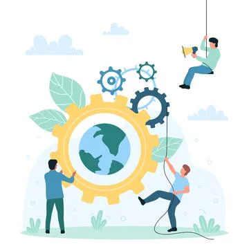 Global business communication, cooperation of tiny people moving mechanism with Stock Illustration